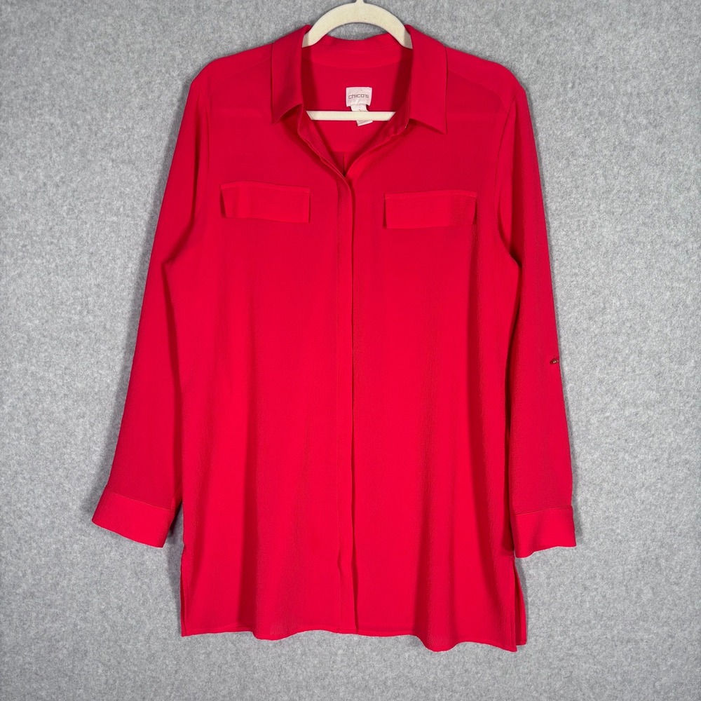 Chicos Textured Button‎ Down Tunic Shirt Medium Red Roll Tab Sleeve Crepe Top